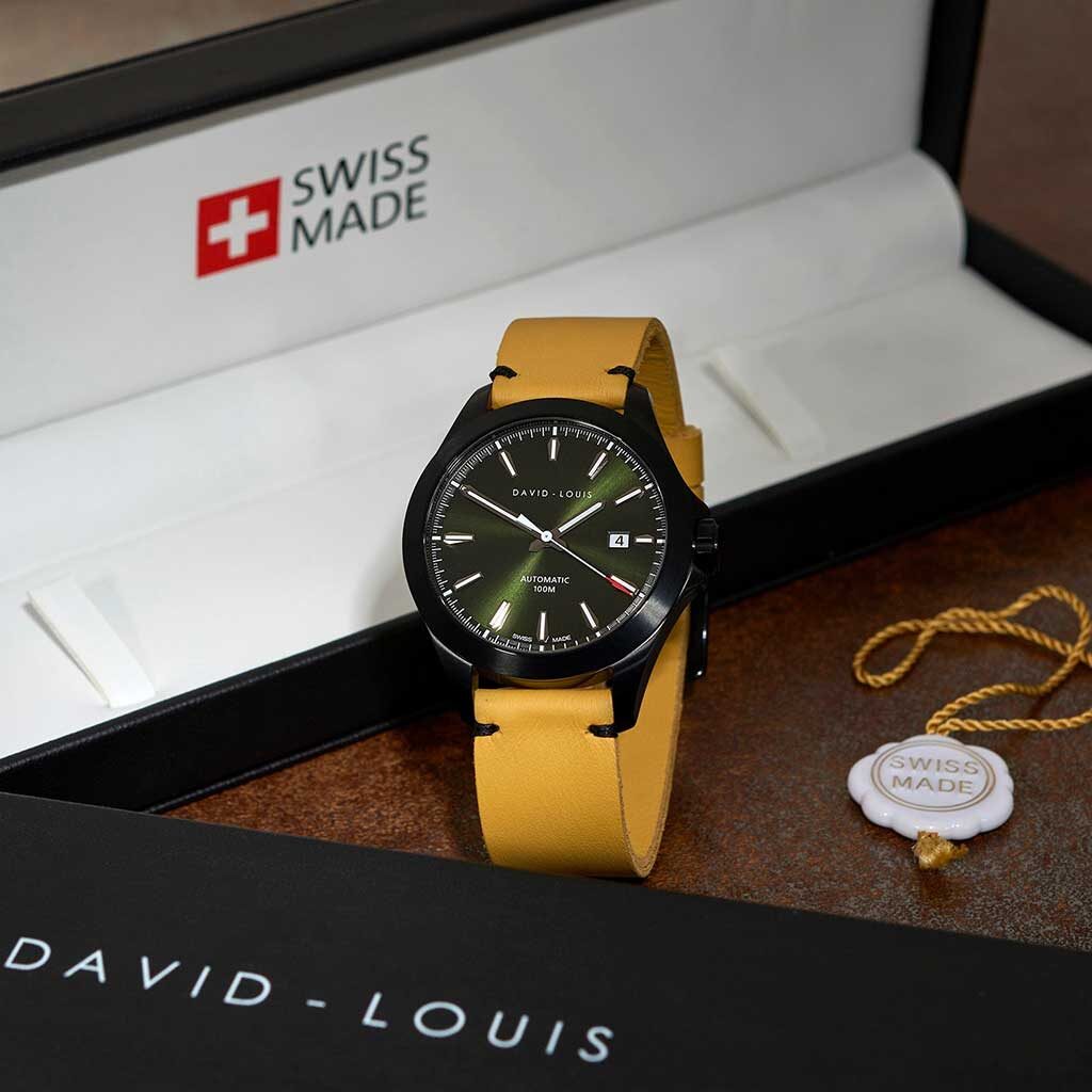 Personalised & Engraved Swiss Watch - Propulsion Swiss Watch with Custom Yellow Leather Strap By David-Louis. Gift Wrapping with Worldwide Tracked Shipping
