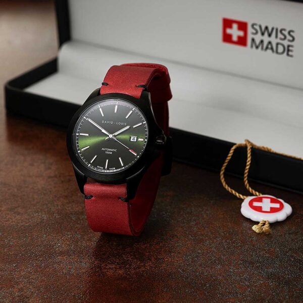Personalised & Engraved Swiss Watch - Propulsion Swiss Watch with Custom Red Leather Strap By David-Louis. Gift Wrapping with Worldwide Tracked Shipping