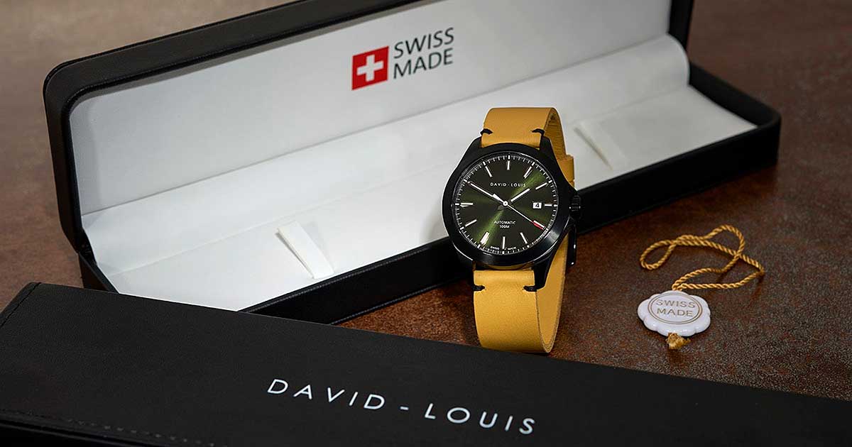 Personalised & Engraved Swiss Watch - Propulsion Swiss Watch with Custom Yellow Leather Strap By David-Louis. Gift Wrapping with Worldwide Tracked Shipping