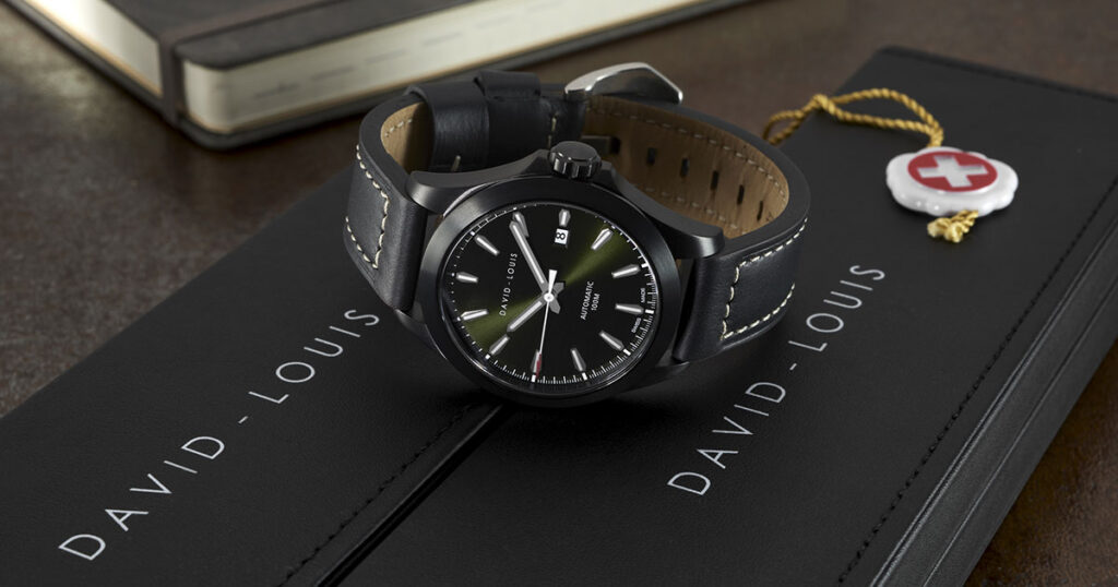 Swiss Watch with Rugged Heavy Stitch Black Strap. Handmade Personalised Swiss Watch, Personalised Engraving, Free Gift Wrap & Worldwide Delivery. Laser Engraved