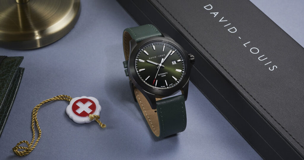 Handmade Swiss Watch with Classic Green Strap. Handmade Engraved Swiss Watch, Personalised Engraving, Gift Wrapping & Tracked Worldwide Delivery. Laser Engraved