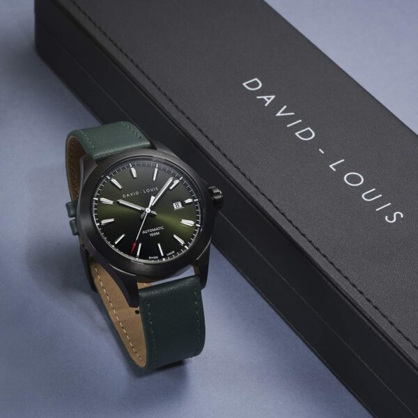 Handmade Swiss Watch with Classic Green Strap. Handmade Engraved Swiss Watch, Personalised Engraving, Gift Wrapping & Tracked Worldwide Delivery. Laser Engraved