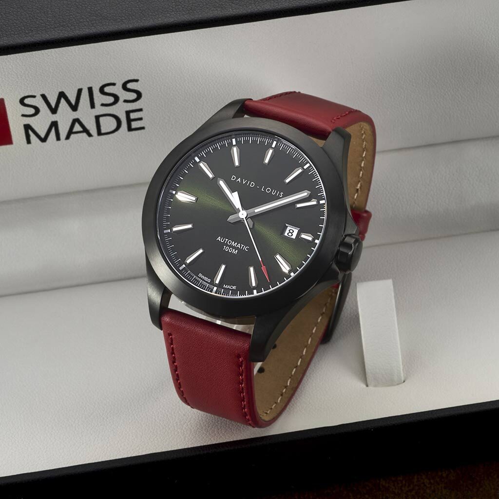 Limited Edition Swiss Watch with Holly Red Strap. Handmade Personalised Swiss Watch, Personalised Engraving, Free Gift Wrap & Worldwide Delivery. Laser Engraved